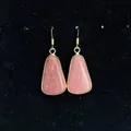 Detail view of pink natural stone drop earrings with gold-plated bezel and hook - 16x30mm / Rose Pink