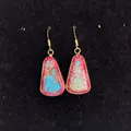 Detail of bohemian gold-rimmed earrings featuring trapezoid blue and pink natural stones - 16x30mm / Pink Blue Patchwork Plaid