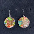 Rainbow gemstone drop earrings with golden pattern inlay and silver hook variant - Greek Key (No. 3)