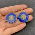 Lapis lazuli circular drop earrings with golden butterfly pattern and ethnic style - Geometric Pattern (No.3)