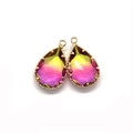 Pair of faceted teardrop crystal pendants with yellow-to-pink gradient in gold frame - Size 22