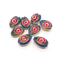 Detailed view of colorful evil eye painted natural cowrie shell beads for DIY jewelry - Deep Blue Red Yellow (Style 3)