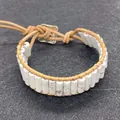 Handmade woven leather bracelet with white marble turquoise cylinder beads and metal clasp - No.2 (White Marble)