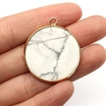 30mm round white howlite stone pendant with golden metal frame for DIY jewelry - 30MM / Howlite
