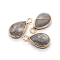 Three teardrop grey natural stone pendants with gold metal edge frames and rings - Gray Agate Style (No. 13) / 10x18mm (3 Pieces/Pack)