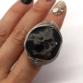 Handcrafted silver wire-wrapped statement ring with natural dark brown agate druzy stone - No.1 (Black)