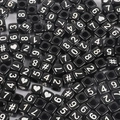 Black acrylic cube beads with white printed numbers and heart shapes for DIY jewelry - Black Base White Number