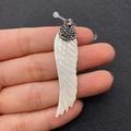 Natural white wing shell pendant with dark grey rhinestones and silver clasp - Feather Design / 14x57mm