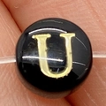 Flat round black bead with gold letter U for DIY necklace making and custom bracelets - Letter U / 8mm