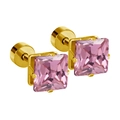 Boucles d'oreilles carrées en cristal rose et acier titane doré avec dos plat - Or Carré Zircone Rose