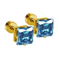 Boucles d'oreilles carrées bleu saphir avec monture dorée à quatre griffes pour femmes - Or Carré Zircone Bleu Mer