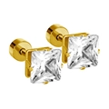 Boucles d'oreilles dorées en acier titane avec zircon carré et fermoir à disque - Or Carré Zircone Blanche
