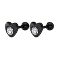Clou d'oreille cœur noir minimaliste en acier titane avec pierre de zircon clair - Cœur / Noir