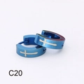 Polished blue titanium steel hoop earrings featuring silver sword cross patterns - Cross Pattern (C20)