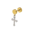 Punk style barbell stud earring in gold with a silver cross pendant for a bicolor look - Cross (Gold/Steel Two-tone)