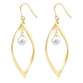 Détail de boucles d'oreilles pendantes feuille dorée avec perle ronde sur fond blanc - Or Perle Artificielle (Style 0020)