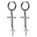 Boucles d'oreilles en acier inoxydable gunmetal avec pendentifs croix et chaînette - Noir (Double Croix)