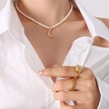 French style gold plated moon pendant necklace with natural freshwater pearls for women - 35+7cm / Gold Necklace (P735)