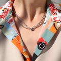 Collier double rang argenté avec chaîne trombone et pendentif rond gravé du mot Lucky - Collier / Acier