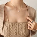 Collar minimalista con colgante de letra H plateada en el cuello de una modelo - 40+5cm / Color acero