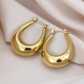 Detailed view of chunky golden teardrop hoop earrings with high-polish finish on satin - Drop Shape Style / 1 Pair Pack / Gold