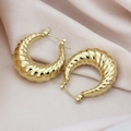 Macro shot of gold-toned croissant hoop earrings with spiral twist on pink silk - Twisted Rope Style / 1 Pair Pack / Gold