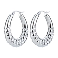 Créoles géométriques argentées polies avec détails texturés en forme de croissant - Motif Épi de Blé Ovale Tige Fine / 1 Paire (30x30mm) / Acier