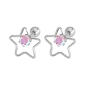 Détail macro de boucles d'oreilles étoile en titane avec zircon coloré et fermoir boule - Pentagramme Creux (010008) / Base Acier + Pierre Couleur AB