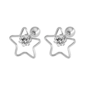 Détails macro des boucles d'oreilles étoile en acier titane avec zircons clairs - Pentagramme Creux (010008) / Base Acier + Pierre Blanche