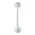 Barbell de piercing argenté de 5mm avec boules pavées de cristaux AB irisés - Barre 1.6mmx14mm + Boule 5mm / Couleur Acier + AB Arc-en-ciel