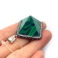 Natural malachite pyramid pendant with silver clasp and rhinestone base trim - Malachite / 36mm Thick 20mm