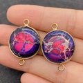 Golden rimmed pink and blue imperial stone round double-hole connector pendant - Style 2 Starry Pink Purple