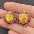 Rose red and lime green natural imperial stone round pendant connector with gold rim - Style 3 Rose Red Light Green