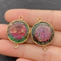 Pink and green imperial stone round pendant with gold plated double holes connector - Style 7 Colorful Crack