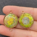Yellow green imperial jasper round stone connectors with rose gold loops for DIY jewelry - Style 8 Yellow Green Mottled