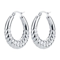Boucles d'oreilles créoles torsadées en acier inoxydable argenté au fini poli - Motif Épi de Blé Ovale Tige Épaisse / 1 Paire (30x30mm) / Acier