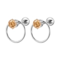 Pendientes de acero plateado con circonitas naranjas redondas y detalles circulares - 1.2*6mm / Color Acero + Estrás Champán