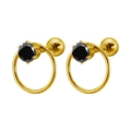 Pendientes de acero inoxidable dorado con gema negra redonda y cierre de rosca esférica - 1.2*6mm / Oro + Diamante de Imitación Negro