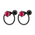 Par de pendientes de acero de titanio negro con circón rojo y dijes redondos - 1.2*6mm / Negro + Estrás Rosa Rojo