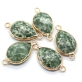 Five faceted teardrop natural stone connectors with gold edges for DIY jewelry making - Green Dot Stone