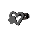 Modern black hollow heart-shaped stud earring with clover detail in stainless steel - Heart Flower / Black