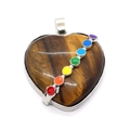 Tiger Eye stone heart pendant with chakra stones and silver metal frame for DIY jewelry - Tiger's Eye