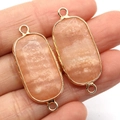 Pink natural stone oval pendant with gold plated edges and double connector rings - Pink Aventurine / 15x35mm