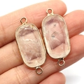 Faceted transparent natural stone connector pendant with gold plated double loop frames - Transparent Crystal / 15x35mm