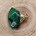Green fan-shaped gemstone pendant with black stripes and golden metal hanging clasp - Malachite