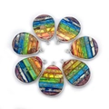 Set of seven teardrop-shaped imperial stone pendants with rainbow stripes and silver metal edges - Rainbow Teardrop Style / 26x35mm