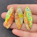 Three colorful imperial jasper oval pendants with marble texture for DIY jewelry making - Style 1 (Green and Yellow Multicolor)