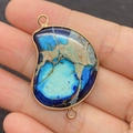 Blue Imperial Stone moon-shaped double hole connector pendant with gold frame - 26x39mm / US 2