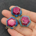 Connettore esagonale in pietra imperatore dorata con venature magenta e blu scuro - Giunzione Blu e Viola (N. 5) / 24x33mm