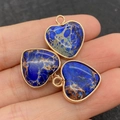 Three blue heart-shaped natural stone pendants with gold metal frames and hanging loops - 16x19mm / Deep Blue Patchy Texture (2)